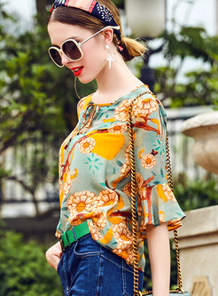 Sweet Silk floral Print Bowknot Flare Sleeve Blouse