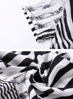 Striped Silk Loose Short Sleeve Blouse