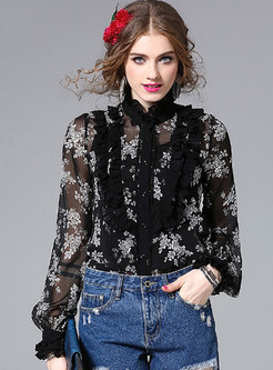 Sexy Lace See Through Stand Collar Long Sleeve Blouse With Camis