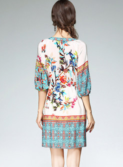 Ethnic Floral Print Silk Three Quarters Sleeve Skater Dress