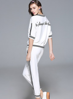 Causal Embroidered Striped V-neck Half Sleeve Two-piece Outfits