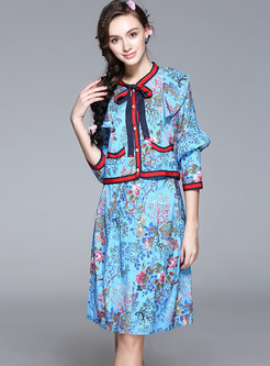 Stylish Bowknot Floral Print Three Quarters Sleeve Two-piece Outfits