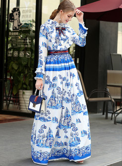 Ethnic Sequins Bowknot Falbala Floral Print Long Sleeve Maxi Dress