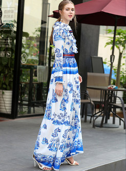 Ethnic Sequins Bowknot Falbala Floral Print Long Sleeve Maxi Dress