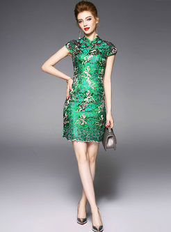 Vintage Embroidered Stand Collar Sheath Short Sleeve A-line Bodycon Dress