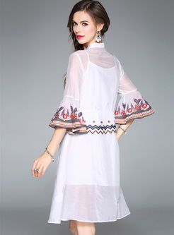 Ethnic Embroidery Flare Sleeve Skater Dress