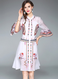 Ethnic Embroidery Flare Sleeve Skater Dress