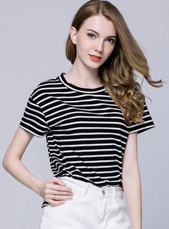 Cotton Striped O-neck Short Sleeve T-shirt
