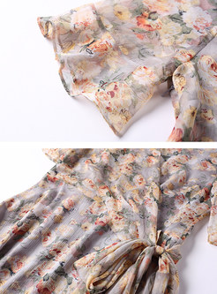 Nail Bead Floral Print Silk Flare Sleeve Skater Dress