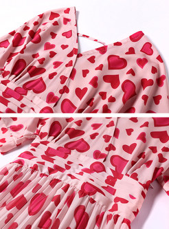 Hearts Patterns Half Sleeve Pleated Skater Dress