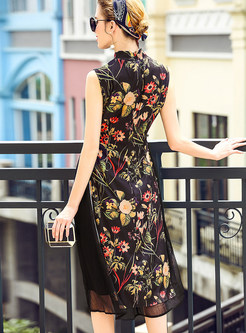 Vintage Silk Floral Print Stand Collar Sleeveless Skater Dress
