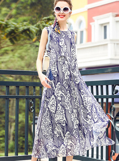 Loose Silk Floral Print Sleeveless Maxi Dress