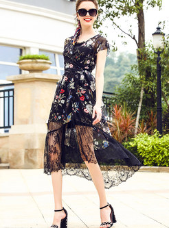 Stylish Lace Falbala Floral Print Short Sleeve Skater Dress