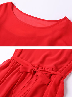 Chiffon Pure Color Belt Short Sleeve Maxi Dress