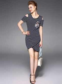 Casual Knitted Sheath Striated O-neck T-shirt Dress