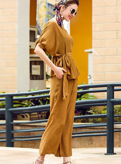 Stylish Pure Color Batwing Sleeve Blouse & Loose Straight Pants
