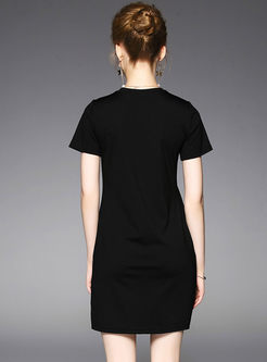 Brief O-neck Short Sleeve Nail Drill T-shirt Dress 