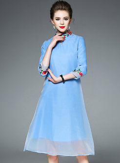 Vintage Embroidered Stand Collar A-line Shift Dress 