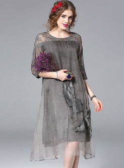 Silk Hollow Out Embroidered Three Quarters Sleeve Shift Dress