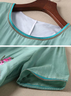 Vintage Embroidered O-neck Short Sleeve Shift Dress 