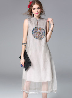 Ethnic Silk Embroidered Stand Collar Sleeveless Shift Dress