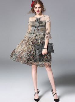 Elegant Wheatear Design Silk Three Quarters Sleeve Shift Dress