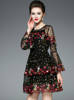 Sexy Embroidered O-neck Long Sleeve Sheath Skater Dress