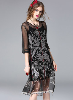 Hit Color Silk Floral Print Slit Shift Dress With Underskirt