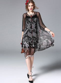 Hit Color Silk Floral Print Slit Shift Dress With Underskirt