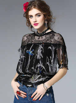 Hollow Out Silk Floral Print Short Sleeve Blouse