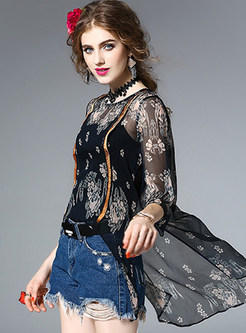 Asymmetry See Through Three Quarters Sleeve Blouse With Camis