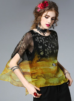 Gradient Silk Asymmetry Floral Print Short Sleeve Blouse With Camis