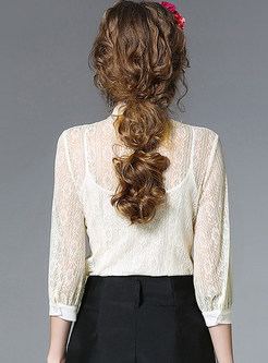 Hollow Out Lace Bowknot Three Quarters Sleeve Blouse With Camis