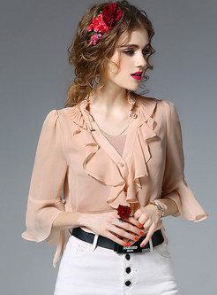 Sexy See Through Falbala V-neck Flare Sleeve Blouse With Camis