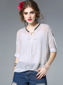 Nail Bead Asymmetry Loose Half Sleeve Blouse With Camis