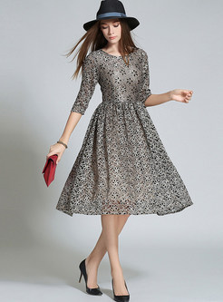 Lace Embroidered Three Quarters Sleeve Pleated Skater Dress