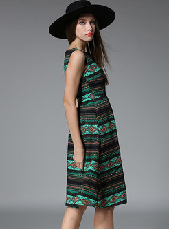 Ethnic Striped Print O-neck Sleeveless Skater Dress