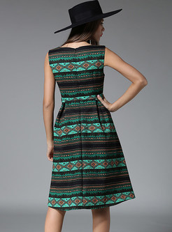 Ethnic Striped Print O-neck Sleeveless Skater Dress