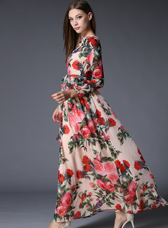 Crew Neck Floral Printed Chiffon Long Party Dress