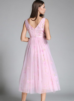 Elegant Floral Print V-neck sleeveless Maxi Dress