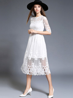 See Through Lace Embroidered Half Sleeve Skater Dress