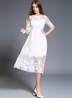 See Through Lace Embroidered Half Sleeve Skater Dress