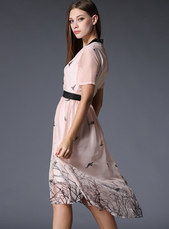 Silk Floral Print Gathered Waist Sort Sleeve Skater Dress