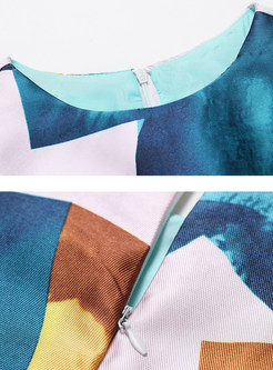 Geometric Patterns Print Gathered Waist Sleeveless Skater Dress
