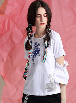 Fashionable Embroidered Print O-neck Splicing Sleeve T-shirt 