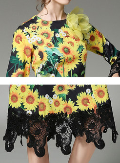 Sunflower Lace Stitching Three Quarters Sleeve Skater Dress