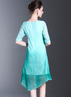 Gradient Asymmetry Embroidered Half Sleeve Shift Dress