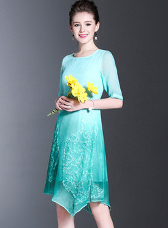 Gradient Asymmetry Embroidered Half Sleeve Shift Dress
