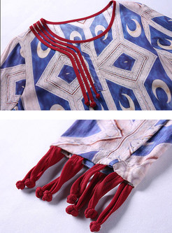 Vintage Floral Print Tassels Half Sleeve Silk Shift Dress