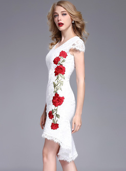 Elegant Rose Embroidery Asymmetric Hem Skinny Dress